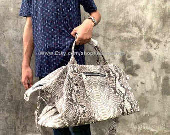 Bolsa de viagem de couro de píton feita à mão: pele de cobra preta Weekender