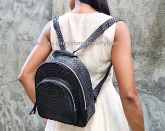 Handmade Black Python Leather Backpack: Women's Snakeskin Rucksack