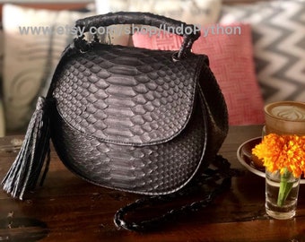 Black Python Handbag: Handmade Snakeskin Purse with Detachable Strap