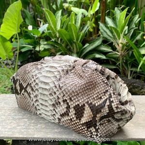 May include: A clutch purse crafted from python skin. The purse is a light brown colour with a dark brown pattern. The purse is lying on a light brown surface.