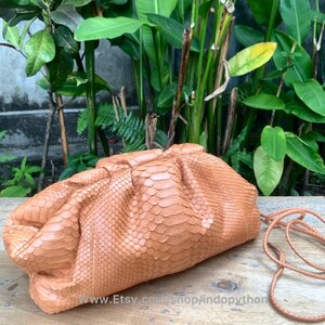May include: A light brown python skin clutch bag with a drawstring closure and a long strap. The bag is made of genuine python skin and has a unique, textured pattern.