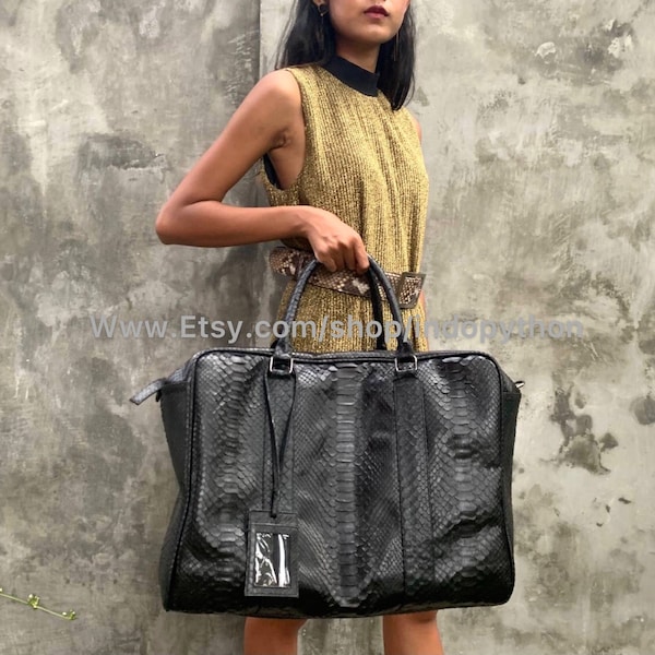 Handmade Black Python Leather Duffel Bag: Detachable Strap Travel Bag