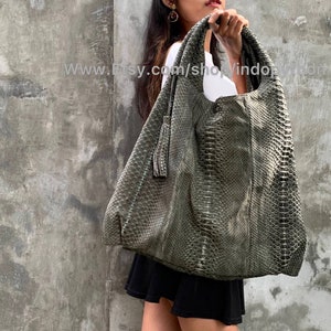 python bag, snakeskin bag, gray bag, hobo bag, gift for her, oversized bag, big bag, leather bag, snakeskin purse, grey bag, antique bag