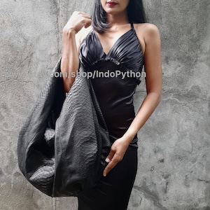 Bolso de mano de piel de serpiente de pitón de color negro, bolso de mano de cuero genuino, bolso de hombro, bolso de mano