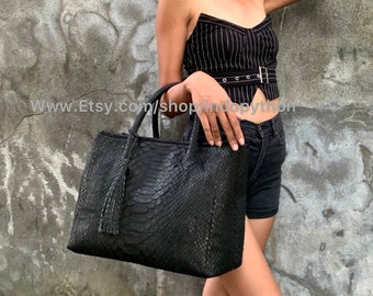 Schwarze Python Leder Handtasche: Schlangenleder Fashion Bag