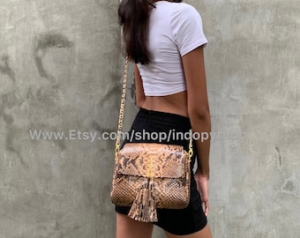 Sac à bandoulière en cuir de python fait main - Sac à main en peau de serpent marron
