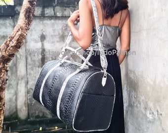 Handmade Python Duffel Bag: Black & White Snakeskin Weekender