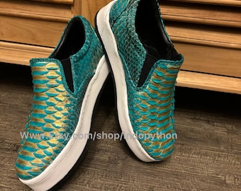 Handmade Python Leather Slip On Sneakers - Snakeskin Green Gold Unisex Shoes