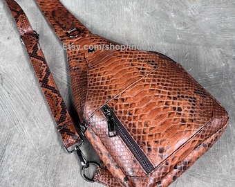Handmade Python Leather Sling Bag: Brown Men's Bag