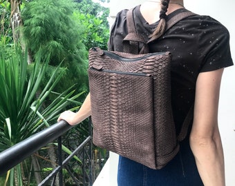Python Tasche Rucksack Rucksack exotische Schlangenleder echtes Leder Frau Handtasche Geldbörse handgefertigt braun