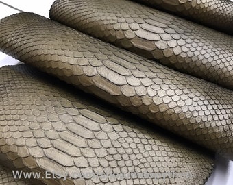 Cuir de python bronze kaki : peau de serpent véritable