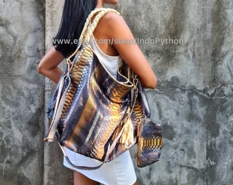 Handmade Python Leather Hobo Bag: Purple Gold Snakeskin Purse