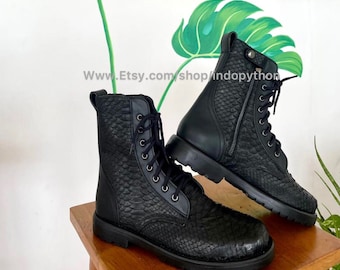 Python shoes #black shoes #black boots #python boots #unisex boots #men boots #woman boots #black leather boots #snakeskin boots #shoes
