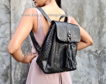 Handmade Black Python Leather Backpack: Snakeskin Rucksack