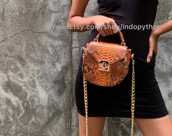 Sac à bandoulière en cuir de python fait main : sac à main en peau de serpent marron