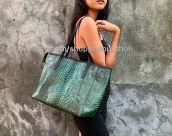 Green Python Leather Tote Bag: Handmade Snakeskin Handbag