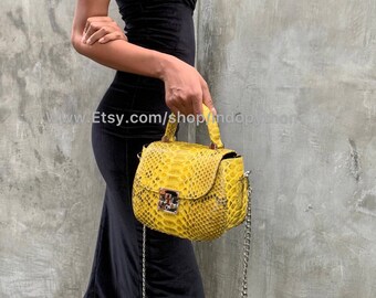 Gelbe Python-Leder Handtasche: Damen Schlangenleder Geldbörse