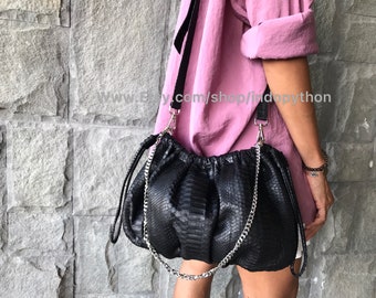 Handmade Black Python Leather Bag: Detachable Chain Strap