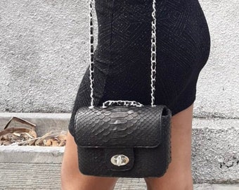 Black Python Leather Shoulder Bag: Snakeskin Handbag Purse