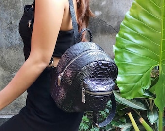 Black purple Python Backpack Bag Exotic Snakeskin Leather Woman HandBag Rucksack Purse