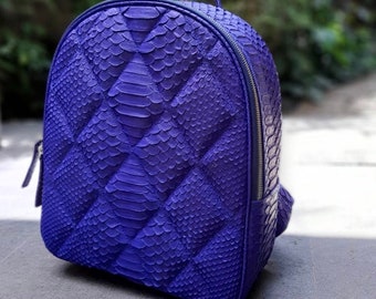 Electric blue  Python Backpack Bag Exotic Snakeskin Leather Woman HandBag Rucksack Purse