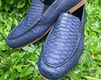 Handmade Navy Blue Python Leather Loafers: Unisex Slip-On Shoes