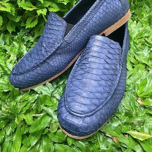 Könnte beinhalten: Ein Paar blaue Lederschuhe mit Schlangenhautmuster. Die Schuhe liegen auf einem Bett aus grünem Gras.