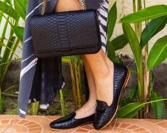 Black Python Leather Shoulder Bag: Handmade Snakeskin Purse