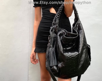 black leather bag black python bag snakeskin purse gift for her black hobo bag python pursepython handbagsnakeskin bagblack purse