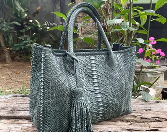 Handmade Gray Python Leather Tote Bag: Nubuck Snakeskin Fashion Handbag