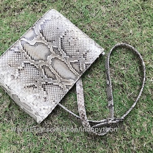May include: A small, light brown snakeskin handbag with a long strap. The bag has a rectangular shape and a subtle pattern.