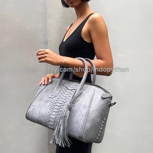 May include: A gray python leather handbag with a tassel. The bag has a top handle and a shoulder strap.