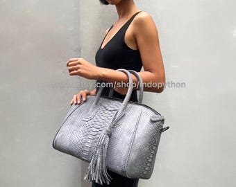 Gray Nubuck Python Tote Bag, Genuine Snakeskin Shoulder Handbag, Luxury Large Everyday Purse