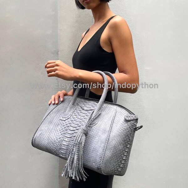 Gray Python Leather Handbag: Handmade Snakeskin Shoulder Bag
