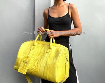 Yellow Python Travel Bag, Genuine Snakeskin Duffel, Luxury Exotic Leather Weekender, Handmade Overnight Luggage Bag, Large Shoulder Handbag