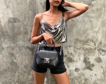 Black Python Leather Shoulder Bag: Handmade Snakeskin Purse