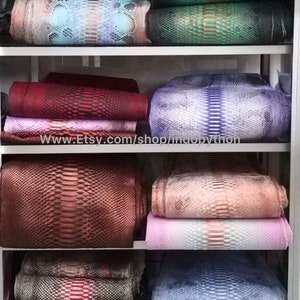 Może przedstawiać: P&oacute;łka z r&oacute;żnymi kolorami i wzorami sk&oacute;ry pytona. Sk&oacute;ra jest ułożona w stosy na p&oacute;łkach. Tekst "www.Etsy.com/shop/indopython" jest widoczny na p&oacute;łce.