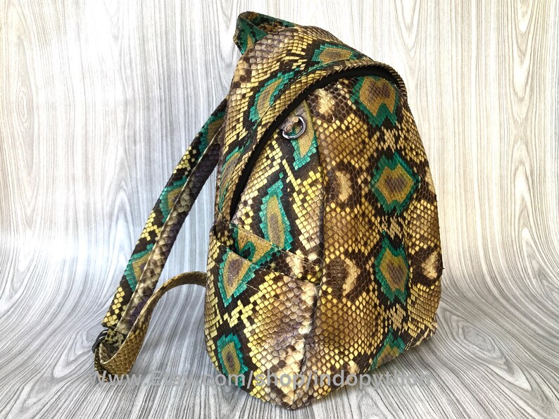 Peut inclure: Un sac &agrave; dos en cuir de serpent brun, vert et jaune avec une fermeture &agrave; glissi&egrave;re. Le sac &agrave; dos a une seule sangle et une petite poche sur le devant.