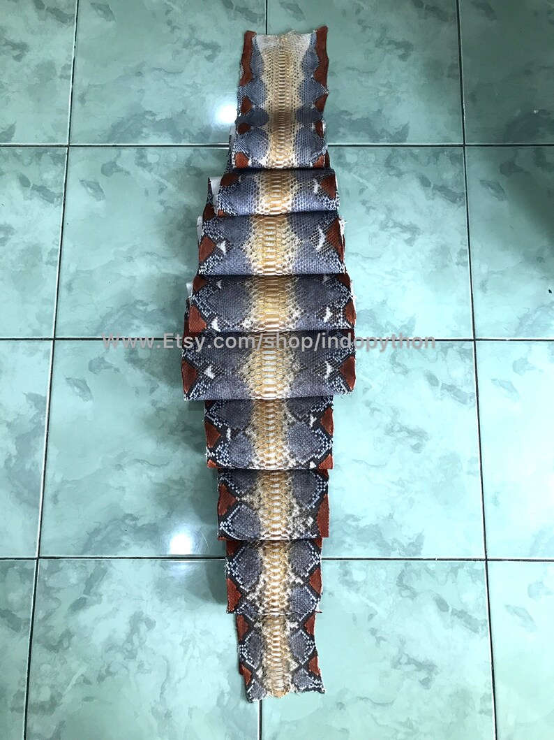 May include: A stack of python skin pieces, displaying a natural pattern of grey, tan, and reddish-brown hues. The arrangement highlights the unique textures and colours of the reptile skin, with the Etsy shop URL visible at the bottom.