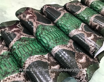 Genuine Python Leather Hide: Natural Green Multicolor Snakeskin