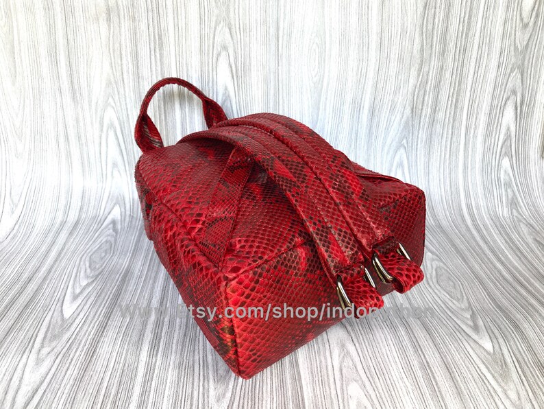 May include: Red leather backpack with a snakeskin pattern. The backpack has two adjustable straps and a zip closure.