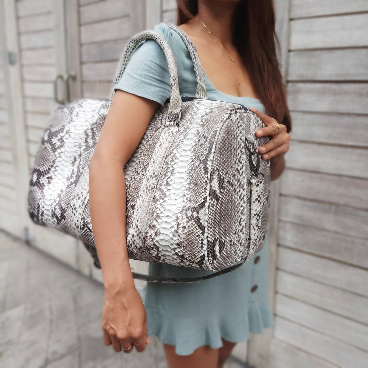 Black and White Python Travel Big Bag Snakeskin Genuine Leather  display picture 1