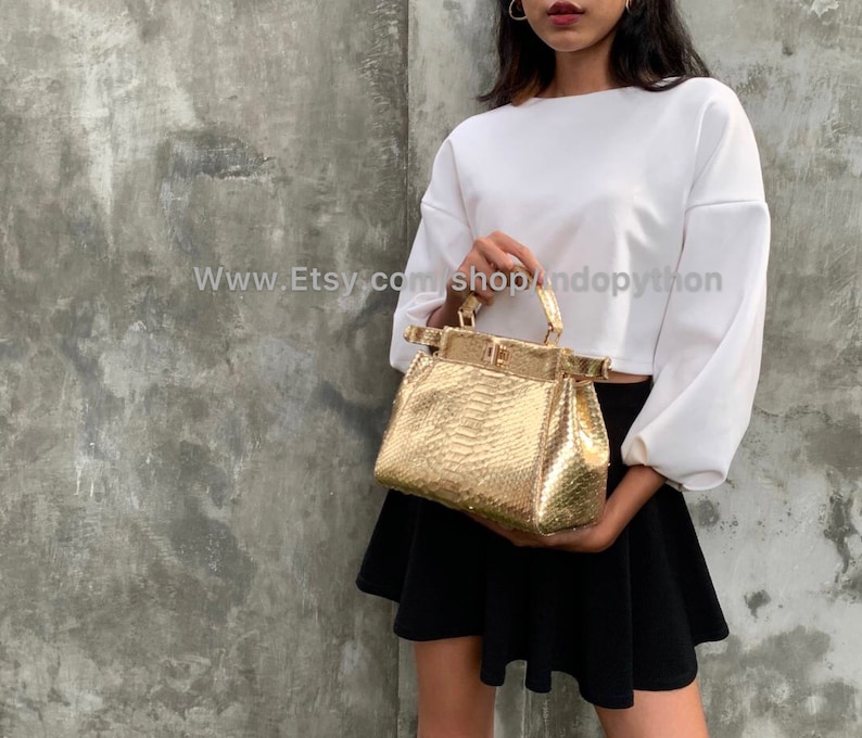 Handmade Gold Python Leather Bag: Detachable Strap image 4