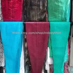 Może przedstawiać: Asortyment kolorowych sk&oacute;r pytona w r&oacute;żnych odcieniach czerwieni, zieleni, błękitu i czerni. Sk&oacute;ry są ułożone w rzędach na p&oacute;łce, z widocznym tekstem "www.Etsy.com/shop/indopython" w środku.