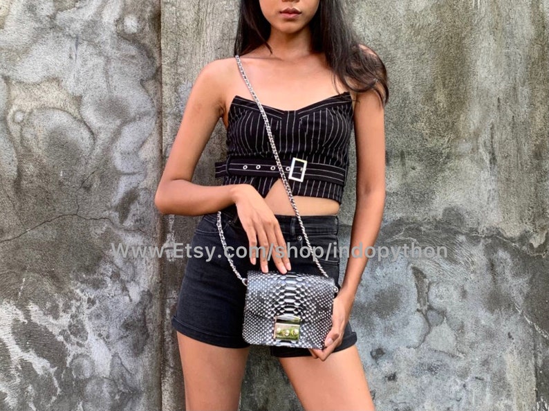 May include: A silver and black snakeskin crossbody bag with a silver chain strap. The bag has a flap closure with a silver lock.