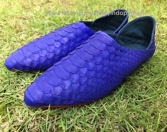 Handmade Electric Blue Python Leather Slip On Shoes