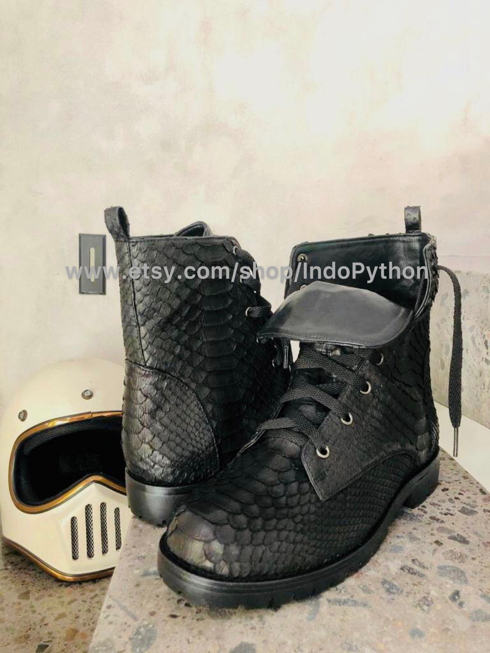 Handmade Black Python Leather Boots: Unisex Snakeskin Boots