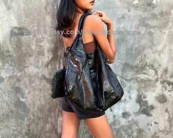 Black Python Leather Hobo Bag: Handmade Snakeskin Purse