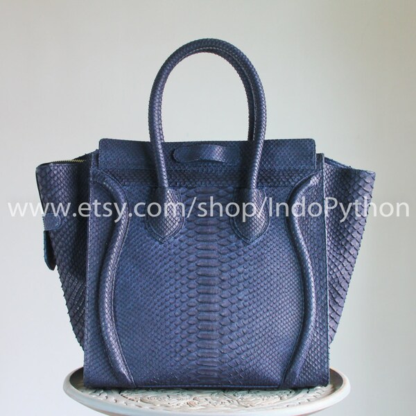 Genuine Python Bag Handmade, Celine Bag, SnakeSkin Leather Woman Tote HandBag Dark Navy Blue