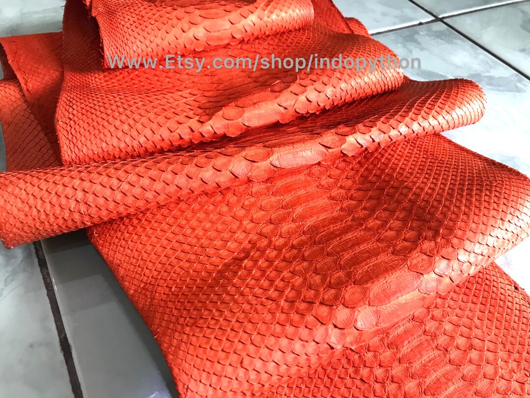 Genuine Python Leather, Natural Python Leather, Hide Snake Skin, Orange